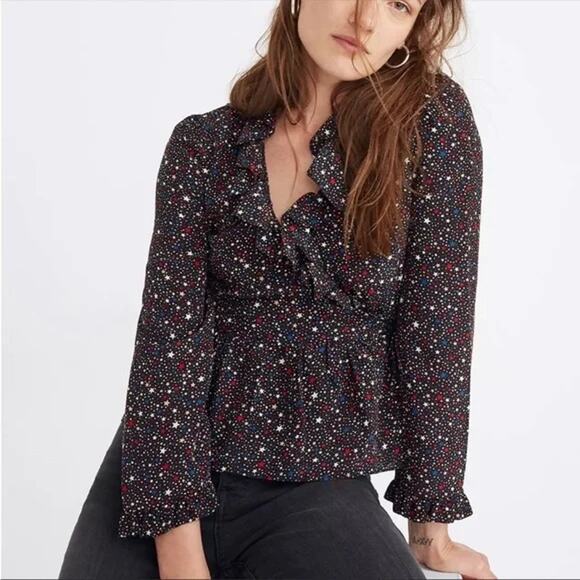 Madewell‎ Silk Wrap Blouse Womens Small Black Star Print Ruffle - Picture 3 of 10